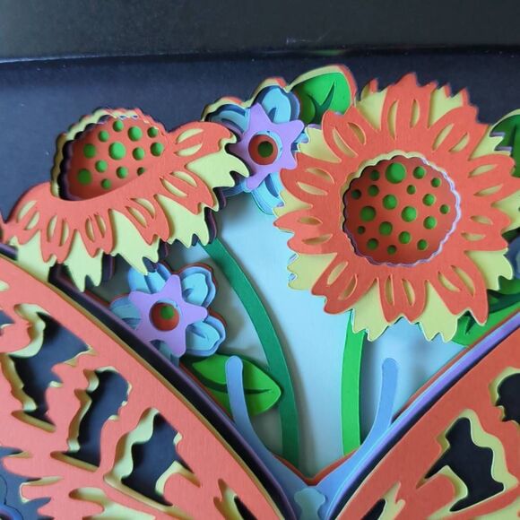 3D Butterfly with Flowers and Papercut. 8x8x" in black frame. - Picture 3 of 5